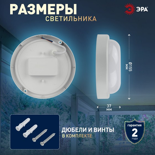 Светильник накладной светодиодный 12Вт 6,5К 1140Лм IP65 круг белый ЖКХ акустический датч. ЭРА *1/40