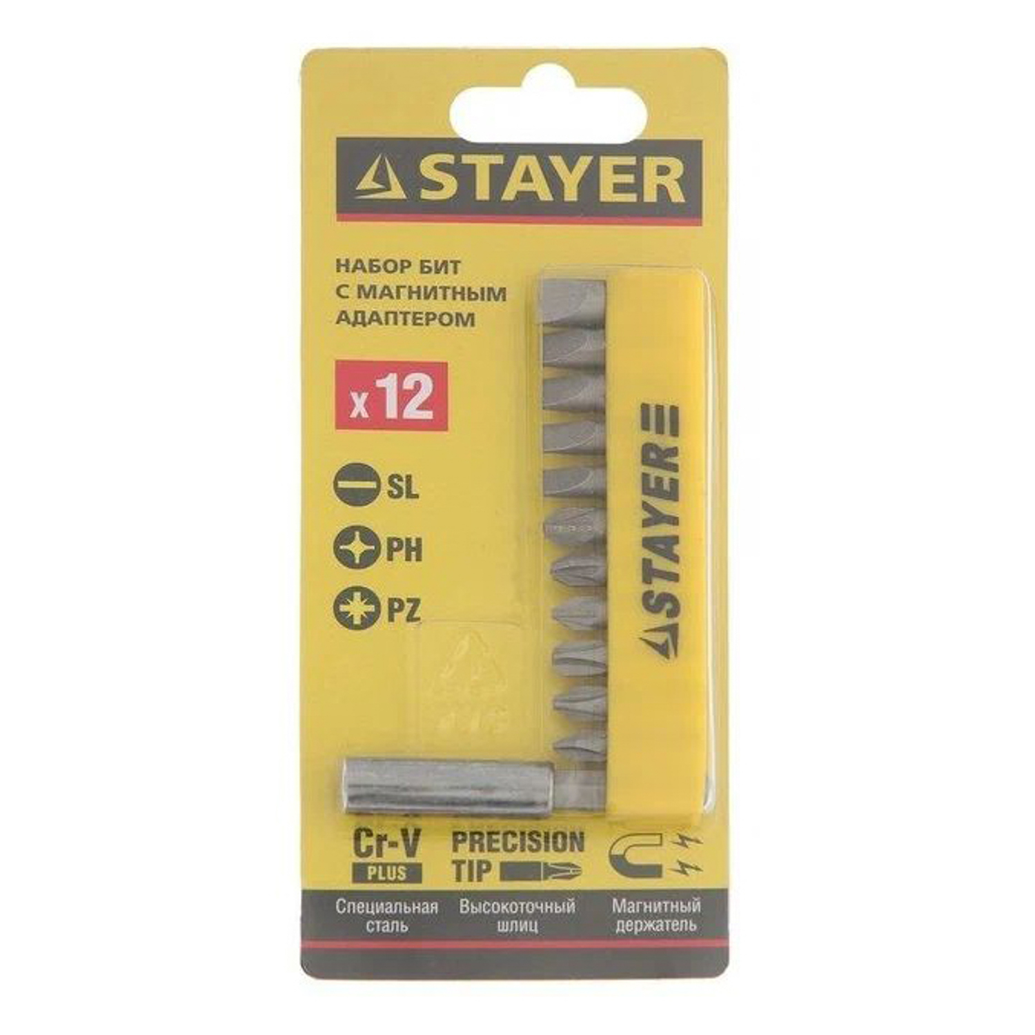 Набор бит 25мм PH/PZ/SL (12шт) магнитный адаптер хвостовик1/4"С (2609-Н12) STAYER *1/20/200