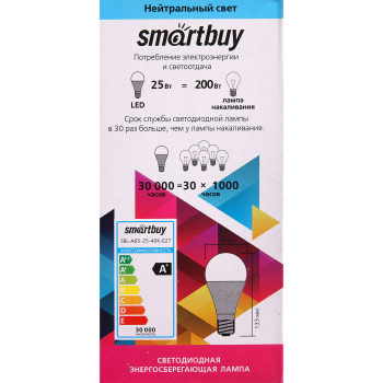 Лампа светодиодная Smartbuy, Е27, 25 Вт, груша A65, 2000 Лм, 4000 К, нейтральный белый Лампа светодиодная Smartbuy, Е27, 25 Вт, груша A65, 2000 Лм, 4000 К, нейтральный белый