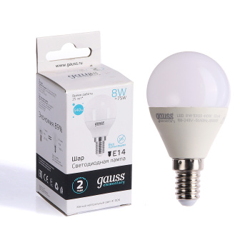 Лампа светодиодная Gauss Elementary, Е14, шар, 8 Вт, 540 Лм, 4000 К, нейтральный белый