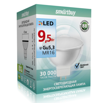 Лампа светодиодная Smartbuy, GU5.3, рефлектор MR16, 9.5 Вт, 760 Лм, 4000 К, нейтральный белый Лампа светодиодная Smartbuy, GU5.3, рефлектор MR16, 9.5 Вт, 760 Лм, 4000 К, нейтральный белый