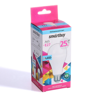 Лампа светодиодная Smartbuy, Е27, 25 Вт, груша A65, 2000 Лм, 4000 К, нейтральный белый Лампа светодиодная Smartbuy, Е27, 25 Вт, груша A65, 2000 Лм, 4000 К, нейтральный белый