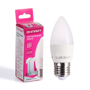 Лампа светодиодная ОНЛАЙТ, Е27, свеча C37, 10 Вт, 800 Лм, 6500 К, холодный белый