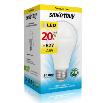 Лампа светодиодная Smartbuy, Е27, груша A65, 20 Вт, 1700 Лм, 3000 К, теплый белый Лампа светодиодная Smartbuy, Е27, груша A65, 20 Вт, 1700 Лм, 3000 К, теплый белый