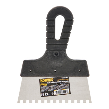 Шпатель малярный зубчатый 150мм нержавеющая сталь зуб 6*6 (арт.1205105) "Korvus"  *1/50 Шпатель малярный зубчатый 150мм нержавеющая сталь зуб 6*6 (арт.1205105) "Korvus"  *1/50