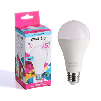Лампа светодиодная Smartbuy, Е27, 25 Вт, груша A65, 2000 Лм, 4000 К, нейтральный белый Лампа светодиодная Smartbuy, Е27, 25 Вт, груша A65, 2000 Лм, 4000 К, нейтральный белый