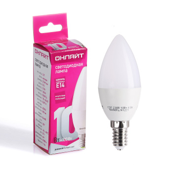 Лампа светодиодная ОНЛАЙТ, Е14, свеча C37, 10 Вт, 800 Лм, 6500 К, холодный белый