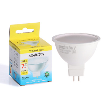 Лампа светодиодная Smartbuy, GU5.3, рефлектор MR16, 7 Вт, 560 Лм, 3000 К, теплый белый Лампа светодиодная Smartbuy, GU5.3, рефлектор MR16, 7 Вт, 560 Лм, 3000 К, теплый белый