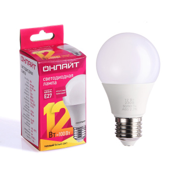 Лампа светодиодная ОНЛАЙТ, Е27, груша A60, 12 Вт, 900 Лм, 2700 К, теплый белый