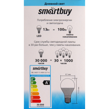Лампа светодиодная Smartbuy, Е27, груша A60, 13 Вт, 1040 Лм, 4000 К, нейтральный белый Лампа светодиодная Smartbuy, Е27, груша A60, 13 Вт, 1040 Лм, 4000 К, нейтральный белый