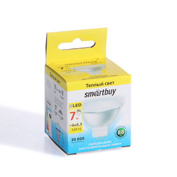 Лампа светодиодная Smartbuy, GU5.3, рефлектор MR16, 7 Вт, 560 Лм, 3000 К, теплый белый Лампа светодиодная Smartbuy, GU5.3, рефлектор MR16, 7 Вт, 560 Лм, 3000 К, теплый белый