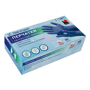 Перчатки латексные прочные XL (супер-большой) коробка 50шт (25пар) Синие HR04G "А.Д.М" *1/10 Перчатки латексные прочные XL (супер-большой) коробка 50шт (25пар) Синие HR04G "А.Д.М" *1/10