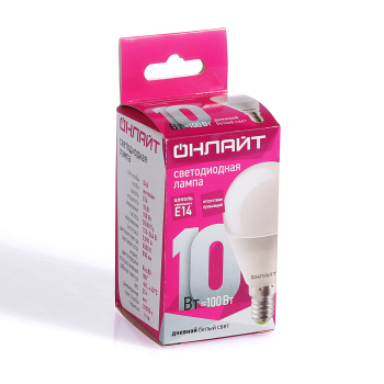 Лампа светодиодная ОНЛАЙТ, Е14, шар G45, 10 Вт, 800 Лм, 6500 К, холодный белый