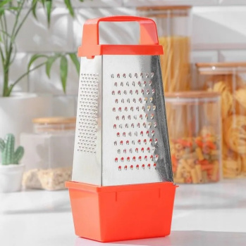 Терка металл. нерж. 4-х стор. пластм.ручка, пирамид, с Контейн. 270х85х110мм К01.002.03"Кварц"*1/25